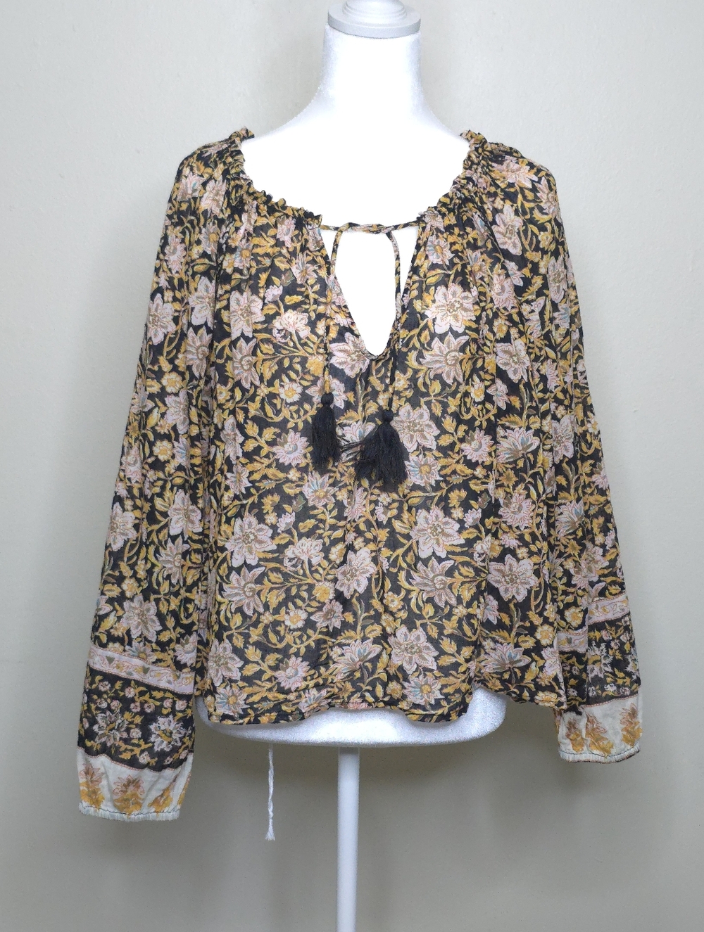 Billabong Boho Floral Print Tassel Tie Long Sleeve Blouse Medium Oversized